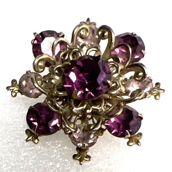 Vintage Purple Lavender Brooch Rhinestone Filigree Fleur-de-Lis Victorian Reviva - Picture 2 of 13